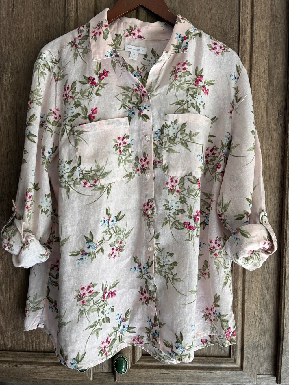 100% Linen Floral Charter Club Button Down Blouse Size XL
